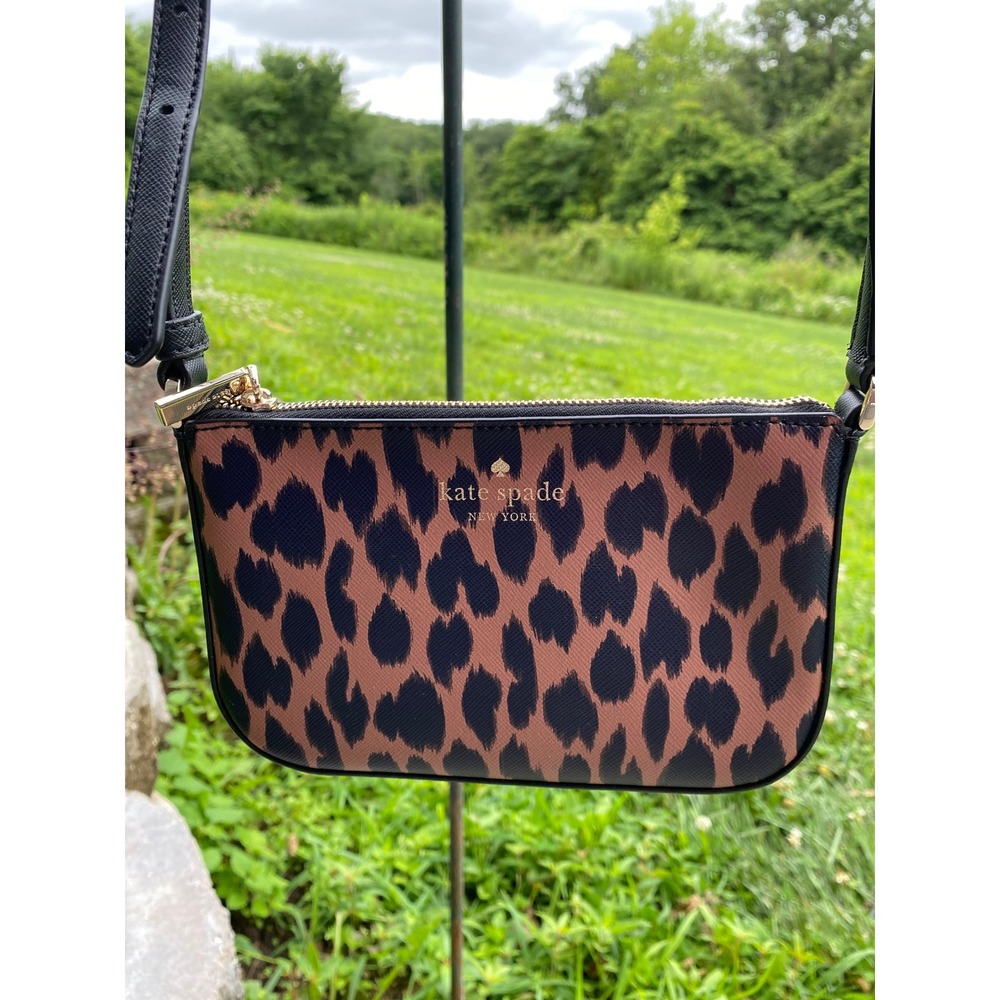 Kate Spade Schuyler Small Crossbody Leopard Print Bag Brown Black Saffiano - Picture 3 of 13